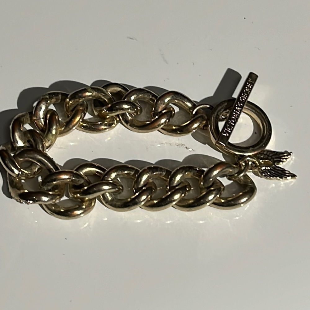 Vintage Gold Chain Link Bracelet with Rhinestones and Angel Wing Charm